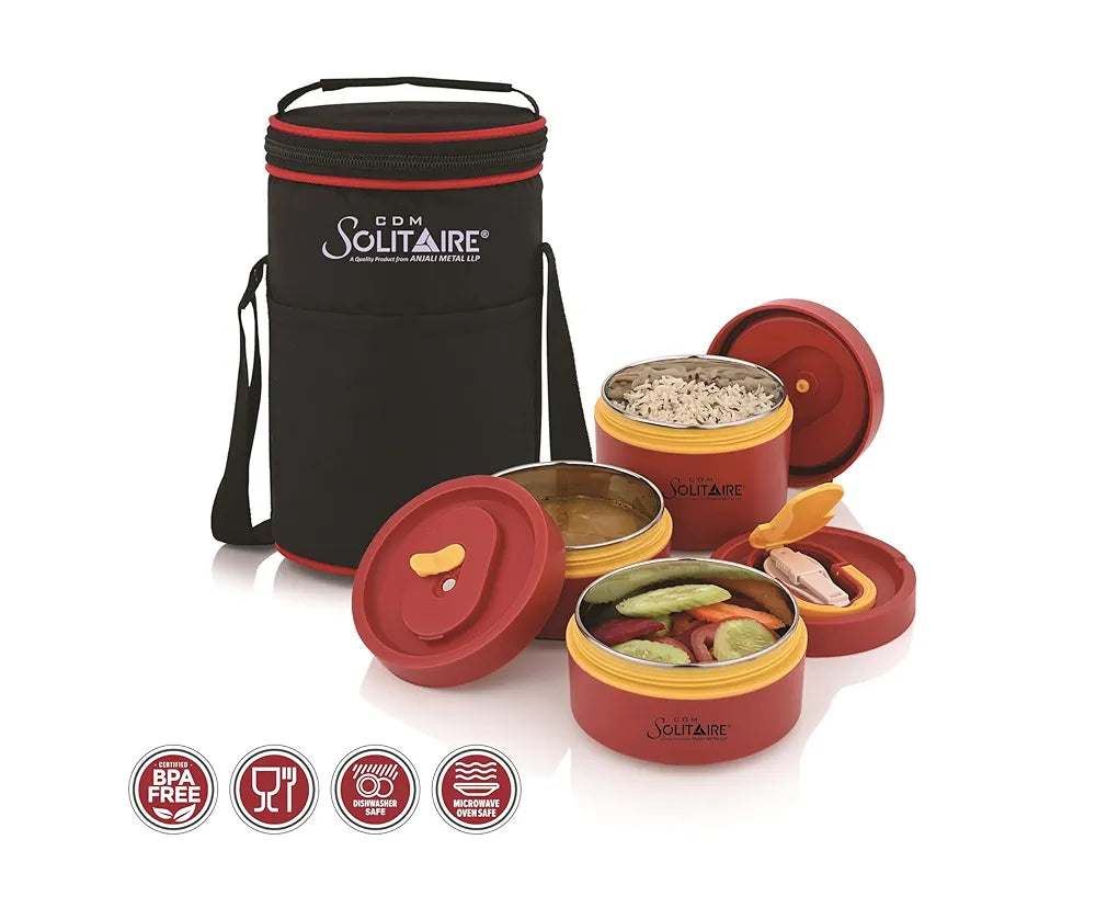 CDM SOLITAIRE Insulated Stainless Steel Lunch Box 3 Round Containers 350 ml, 350 ml & 550 ml 1 Foldable Spoon | Microwave Safe, Air Tight | Hot Lunch Box
